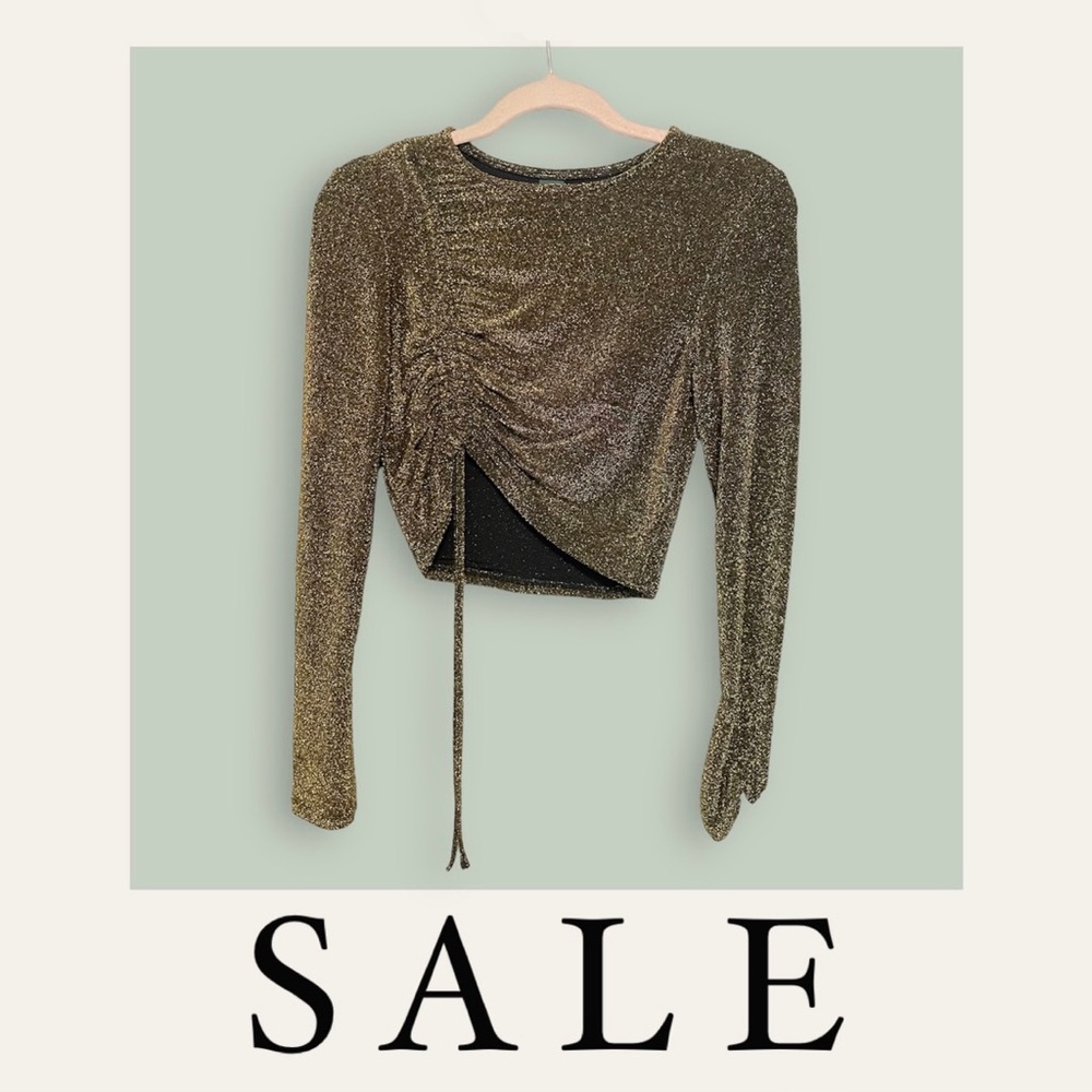 Wild Fable Womens Crop Top Size Medium Black Gold Sparkle Ruched Long Sleeve